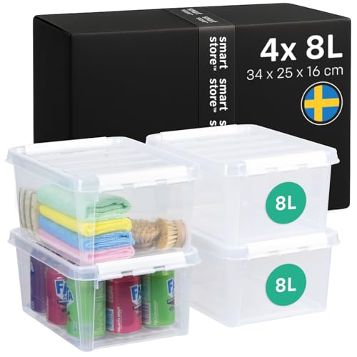 SmartStore - 4x Aufbewahrungsbox mit Deckel Classic 8L (34x25x16cm) | Stapelbare Box mit Deckel | Lebensmittelechte Kunststoffbox | Plastikbox mit Deckel & verstärkten Ecken | 10 Jahre Garantie