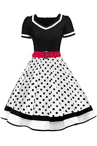 AXOE Damen Petticoat Kleid 50er Jahre Rockabilly Cocktailkleid Polka Dots Schwarz mit Weiß, Gr.40, XL