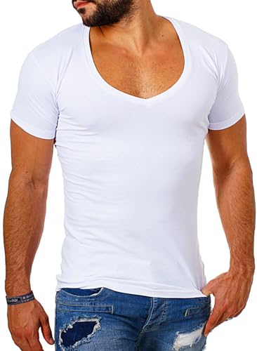 Young & Rich Herren Uni T-Shirt mit extra tiefem V-Ausschnitt Slimfit deep V-Neck Stretch dehnbar Basic Shirt 1315, Grösse:XL, Farbe:Weiß