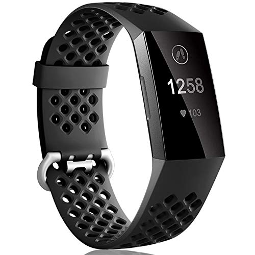 Dirrelo Kompatibel mit Fitbit Charge 3/Fitbit Charge 4 Armband, Sport Silikon Verstellbarer Ersatzarmband Atmungsaktives Uhrenarmband für Fitbit Charge 3 SE, für Frauen Männer, Schwarz Große