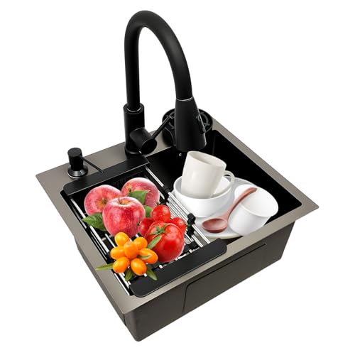 Spülbecken 45 x 40 cm Küchenspüle Schwarz Küchenwaschbecken Edelstahl, ausziehbar, 360 °, mit Spüle + Abflusskorb + Seifenspender für Spülbecken, Unterbau