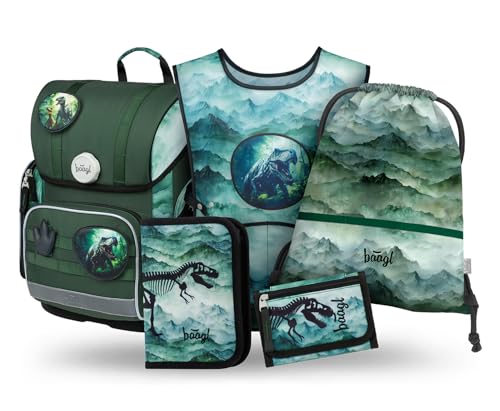 Baagl Schulranzen Jungen Set 5 Teilig (Ergo Schultasche für 1. Klasse, Mäppchen, Turnbeutel, Schürze, Brustbeutel), Grundschule Ranzen, Ergonomischer Schulrucksack, 19 l (Dino)
