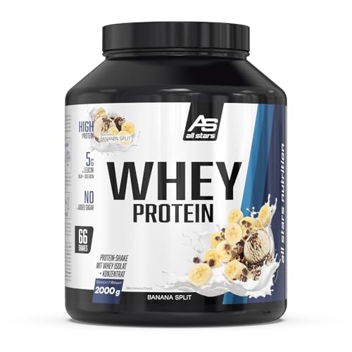 All Stars WHEY PROTEIN 2000g I Eiweiß-Pulver mit Whey-Konzentrat & Isolat I leckeres Low-Fat Powder I hochwertiges Protein-Pulver I cremiger Protein-Shake mit Banana Split Flavour