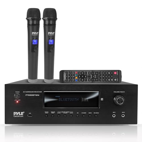 Pyle Verstärker, AV Receiver, HiFi Verstärker, Bluetooth Verstärker, Stereo Verstärker- 1000W 5.2 Kanäle mit 2 UHF Kabellosen Mikrofonen, Amplifier, MP3/USB/HDMI/AM/FM Radio, für Heimkino & Karaoke