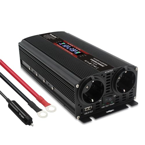 Yinleader Wechselrichter 12V/24V auf 230V 1500W / 3000W Spannungswandler 2 EU Steckdosen 1 USB Big LCD mit Zigarettenanzünder