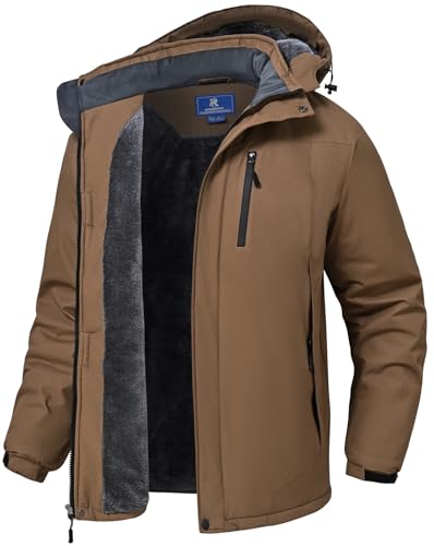 SPOSULEI Herren Winter Fleecejacke Warme Verdickt Gefüttert Skijacke Outdoor Winddicht Wasserdicht Jacke mit Abnehmbarer Kapuze für Wandern Braun M