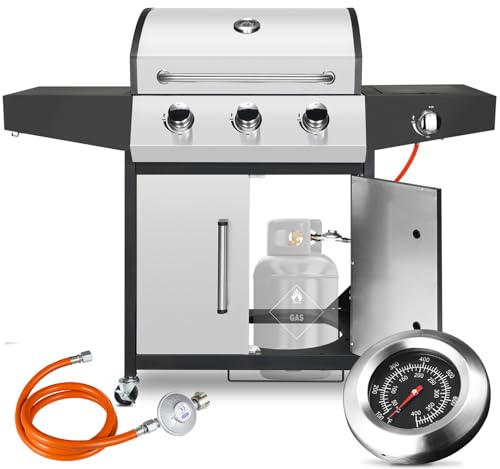 Edelstahl Gasgrill 3+1 Brenner,13,5 kw Gas Grillwagen BBQ mit Seitenkochfeld,Gasgriller mit Thermometer,4 PCS Bremse Rollen,DE I3B/P(50) Gasdruckregler,Grillküche Camping Garten(Butan/Propan)
