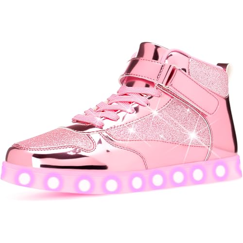 APTESOL Unisex LED Leuchten Schuhe | High-Top | 11 Leuchtmodi | TPU mit Spiegelmetall-Optik & Glitzerdetails | Modische Sneaker für Männer & Frauen für Party/Streetwear, Rosa, EU 37