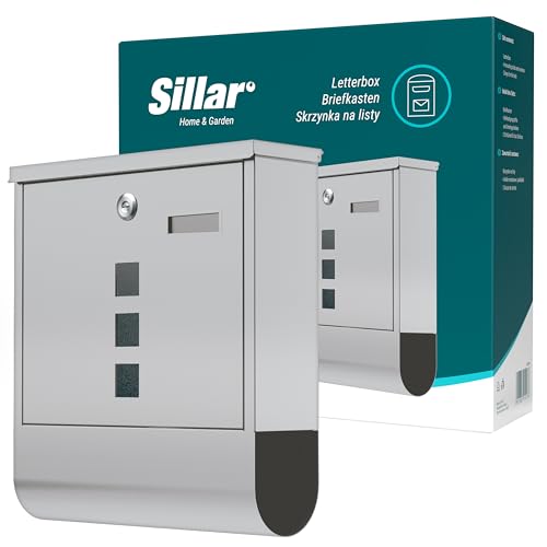 Sillar Briefkasten mit Zeitungsfach aus Verzinktem Stahl, Postkasten mit Paketfach und Schloss | Wetterfester Briefkasten | 10 × 30,5 × 33,5 cm | 2 Schlüssel | Silber | A4-Format