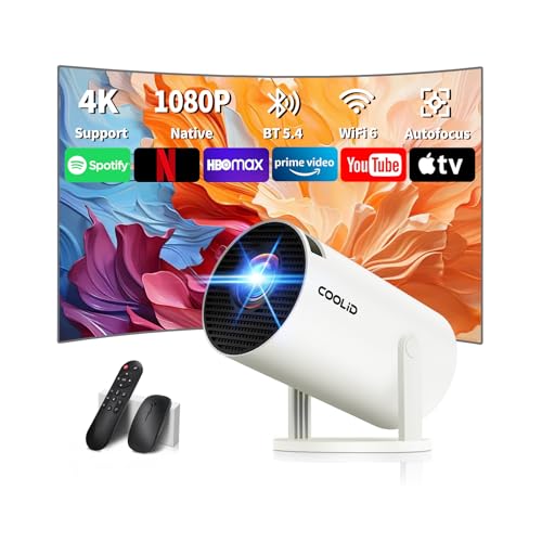 Mini Beamer 4K Projektor Full HD 1080P,Tragbarer Beamer Mit WiFi 6 Bluetooth 5.4,Projektor mit Automatische Trapezialkorrektur,270 ° Drehung Tv Stick/USB/Laptop,mit Maus und Fernbedienung Weiß
