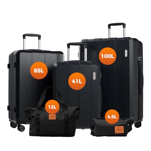 Vallsero Koffer Set, Gepäck Set, Trolleys, Reise Koffer 5tlg, ABS, TSA-Schloss, Enthält 1 Reisetasche und 1 Kulturbeutel, 4 Rollen, Aluminium-Teleskopgriff (Schwarz)