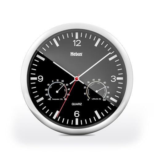 Mebus Quarz-Wanduhr mit Thermometer und Hygrometer/silberner Rahmen/schwarzes Zifferblatt / 25cm Durchmesser/Rund/Modell: 56731 / Farbe: Silber, Schwarz