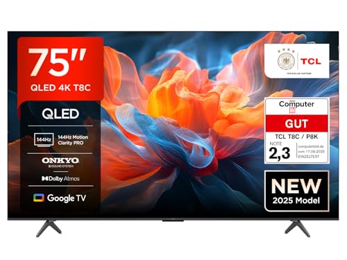 TCL 75T8C 75 Zoll QLED 4K HDR UHD Fernseher, Smart Google TV Dolby Vision Atmos,144Hz Motion Clarity Pro, Game Bar, ALLM, FreeSync, Onkyo 2.1 Sound,Sprachsteuerung, Kompatibel mit Google Assistant