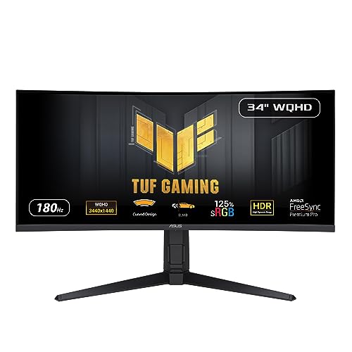 ASUS TUF Gaming VG34VQL3A 34 Zoll Curved Gaming Monitor (WQHD 3440x1440, 180Hz, 1ms GTG, 1500R, ELMB, FreeSync Premium Pro, 125 Prozent sRGB, DisplayHDR 400, DisplayWidget)
