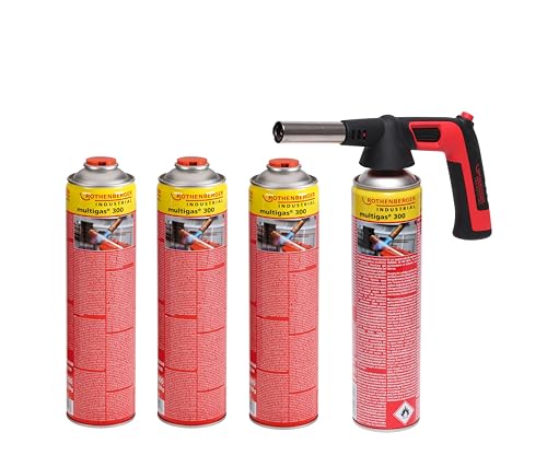 ROTHENBERGER Industrial RS 300 Brenner Aufsatz inkl. 4 x Multigas Kartusche 338g | Piezo Zündung | 180-360 °C Drehung/Über Kopf Betrieb möglich | Lötbrenner | Gasbrenner