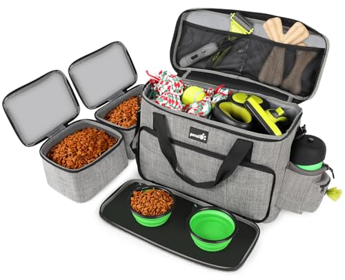 Pecute Hunde Reisetasche Große Hundetasche, Haustier, mit 2 Aufbewahrungstaschen und 2 Hundenäpfe, Hundetragetasche Dog Travel Bag für Reisen, Camping oder Tagesausflüge, Grau 42 * 18 * 30 cm
