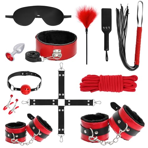 12er BDSM Bondage Set Fesselset Erotik SM Sex Spielzeug Zugband Handschellen Knöchelmanschetten Analplug Nippelklemmen Ballknebel Federkitzler Augenmaske Peitsche Paddel Baumwollseil (rot & schwarz)