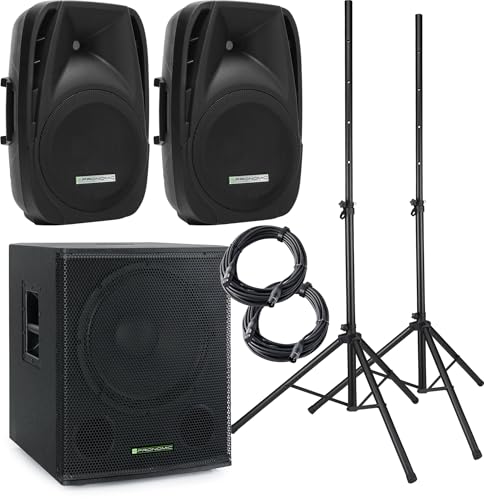 Pronomic 118S-212A Aktive PA-Anlage - aktives PA-Set mit 1x 18-Subwoofer und 2X 12-Satelliten - 600 Watt Gesamtleistung (RMS) - inklusive Boxenständer und 10m-Kabeln