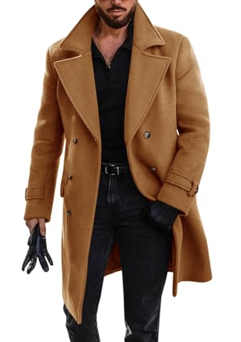 Runcati Zweireihiger Herren-Trenchcoat, mittellang, gekerbtes Revers, Winter, klobig, warm, Braun, L
