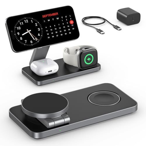 Kabelloses Ladegerät mit MagSafe, 3 in 1 Ladestation für Apple Faltbar Induktive Wireless Charger für iPhone Air 17 16 15 14 13 12, Apple Watch 10/9/8/7/6/SE/5/4/3/, AirPods Pro mit Schnell-Adapter