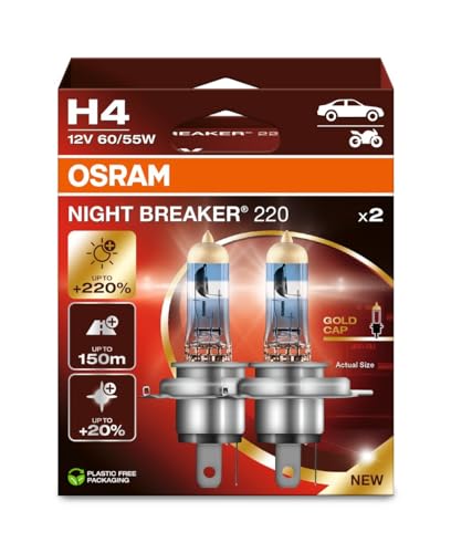 Osram NIGHT BREAKER 220, H4, +220% mehr Helligkeit, Halogen-Scheinwerferlampe, 64193NB220, Faltschachtel (2 Lampen), white