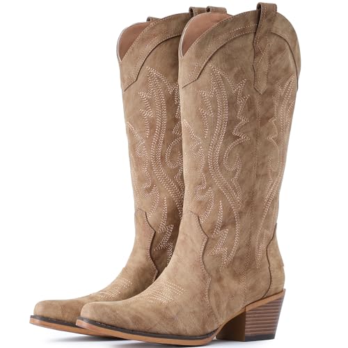 IUV Cowboystiefel für Damen, Western-Cowgirl-Stiefel mit klobigem Absatz, mittlere Wadenpartie, ideal für niedrige Spann, CAMEL, 39 EU