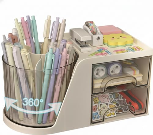 OFFASST Drehbarer Schreibtischorganisator, Schreibtisch Organizer kinder mit 2 Schublade, 360 Grad stifteköcher für Büro, schulsachen, skincare, schulsachen und Kunstbedarf (Sahne)