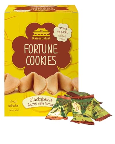 Kaiserpalast Glückskekse, knuspriges Süßgebäck als Snack oder Geschenk, einzeln verpackt in roter Folie, mit deutschem und englischem Spruch, vegan, halal, 12 Stück à 6 g (1 x 72 g)
