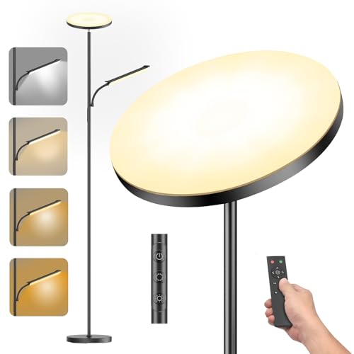 Stehlampe Wohnzimmer, 42W Deckenfluter mit Leselampe, 4200LM LED Stehlampe Dimmbar mit 2700K-6500K Farbtemperatu, Moderne Standleuchte mit Fernbedienung & Touch-Steuerung für Wohnzimmer Schlafzimmer
