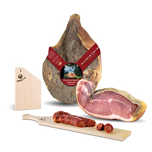 Moretti® Rohschinken Prosciutto | 6 kg | Dünn gewürzt | 100% natürlich | Ohne Konservierungsstoffe | Tribute Holzschneidebrett und traditionelle Wurst | Hergestellt in Kalabrien (ohne Knochen)