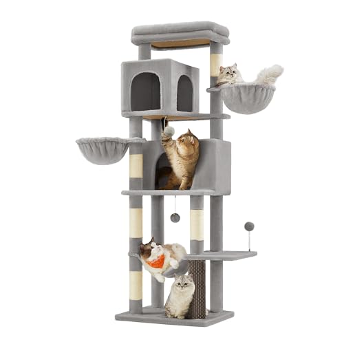 Feandrea Kratzbaum, 175 cm hoch, XL, mehrstöckiger Katzenbaum mit 2 Höhlen, 2 Liegemulden, 5 Kratzsäulen, Katzenbürste, große Plattform, Taubengrau PCT182G01