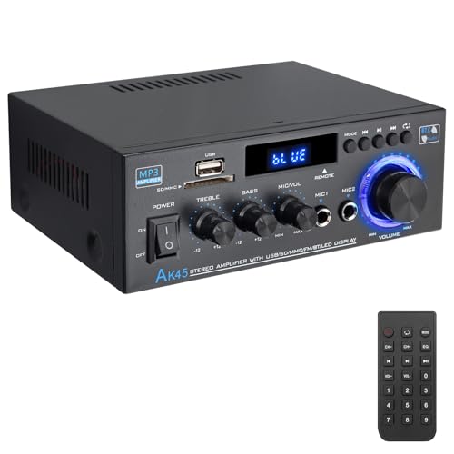 PROZOR Verstärker HiFi Digitaler Audio Verstärker Audio Power Stereo Verstärker AK-45 Receiver Bluetooth 5.0 LCD Display USB2.0/SD-Karteneingang Bässe, Höhen mit Fernsteuerung, für Karaoke, Heimkino
