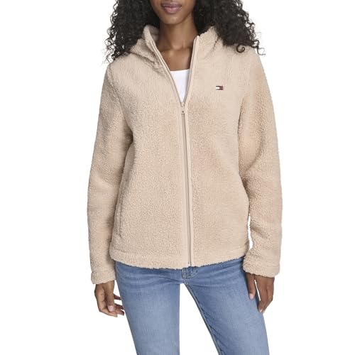 Tommy Hilfiger Damen Zipper Hoodie Sherpa Fuzzy Jacket Sweatshirt, Light Heather Fawn, L