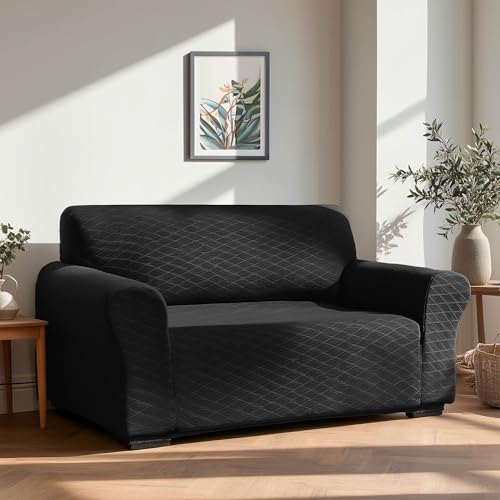 Deconovo Stretch Sofa Abdeckung waschbar Sofabezug dehnbar Sofaüberwurf Sesselbezug Sofahusse Super Elastisch für Wohnzimmer, 2-Sitzer, 152 * 83 * 89cm, Schwarz