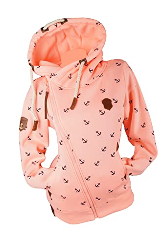 VIN TE Damen Sweat Jacke XXL Kapuze Hoodie Übergangsjacke Fleece gefüttert schräger Reißverschluss verschiedene Modelle Anker Pfote M - 3XL (as3, alpha, xx_l, regular, regular, Rosa-2039, XXL)