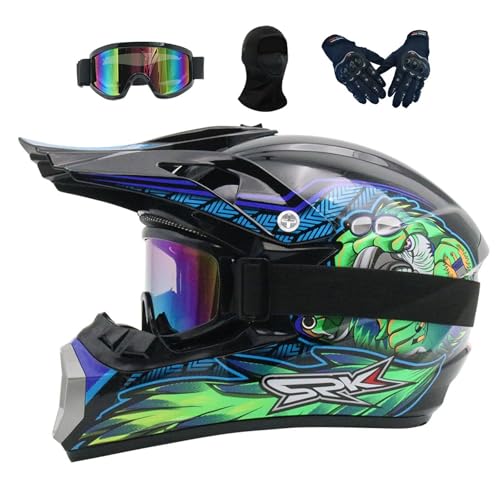 Motorradhelm MTB Helm Fullface Kinder 7-14, Motocross Herren Damen, Jugend Integralhelm Crosshelm Motorrad MTB Enduro Quad ATV Downhill Helm, Mit Brille Handschuhe(Blue,M(54-55CM))