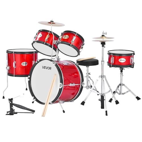 VEVOR Schlagzeug Set, 5-teilig, Drum Kit für Anfänger, inkl. Basstrommel, Snare, Tomtoms, Standtom, Crash-Becken, Hi-Hat mit Ständer, Musik-Lern-Instrumentenset, für Kinder von 6–13 Jahren (rot)