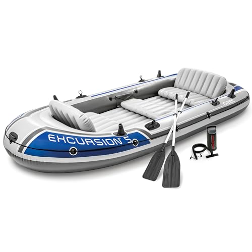 INTEX 68325EP Excursion 5 Schlauchboot Set: inklusive Deluxe 137.2 cm Bootsruder und Hochleistungspumpe - verstellbare Sitze mit Rückenlehne - Angelrutenhalter - 5 Personen - 598.7 kg Tragkraft
