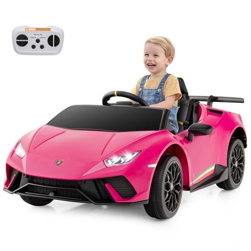 COSTWAY Kinder Elektroauto Lamborghini, 12V Kinderauto Elektrisch mit Fernbedienung & LED-Leuchten & Hupe & Musik & USB, 3 Gang Elektrofahrzeuge 3-5 Km/h, Elektroauto für Kinder ab 3 Jahre (Rosa)