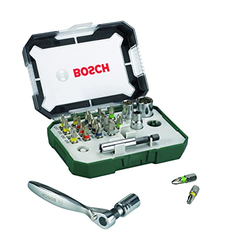 Bosch 26tlg. Schrauberbit- und Ratschen-Set (Extra harte Qualität, mit Adapter, Universalhalter, Zubehör Bohrschrauber und Schraubendreher)