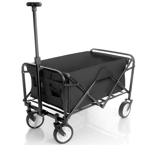 BigDean kompakter Bollerwagen faltbar schwarz bis 80kg belastbar – Kleiner Bollerwagen platzsparend zusammenklappbar für Ausflüge, Camping & Einkäufe