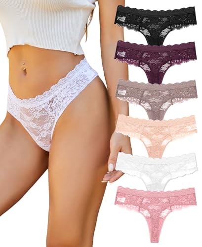 ALL OF SHE 6er Pack String Tanga Damen Spitze Sexy Unterhosen Frauen Underwear Lace Unterwäsche Thongs Women Mehrpack S-XL,S