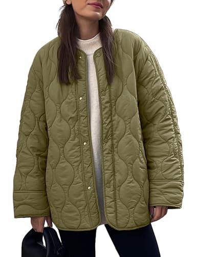 PEHMEA Damen Oversized Leichte Steppjacke Knopfleiste Herbst Winter Mäntel Puffer Gepolstert mit Taschen, Grün , XL