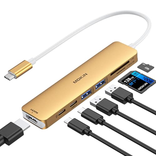 USB C Hub, USB C Multiport Adapter für MacBook Pro/Air, 7 in 1 MacBook Adapter USB C auf HDMI Hub, 2USB 3.0, PD,SD/microSD,Type C Daten für iPad, Lenovo und mehr Type-C Geräte (Gold)