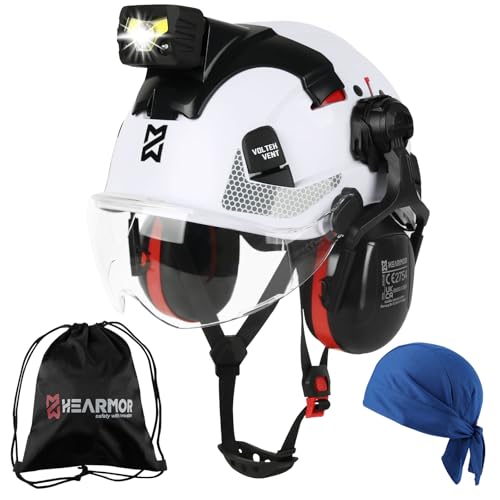 HEARMOR VOLTEK CE EN397 Zertifizierter Industrieschutzhelm mit LED-Kopflampe + Visier & Gehörschutz | Für Forstarbeiten, Bauarbeiten & Klettern | Hochwertiger Arbeitshelm mit Belüftung für Erwachsene