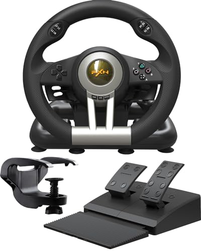PXN V3 Pro Gaming Lenkrad mit Pedalen - 180°, Vibrationsfeedback, Integrierter Schalthebel, Paddle Schaltung - Lenkrad für PC, PS4, PS3, Xbox und N Switch - Schwarz