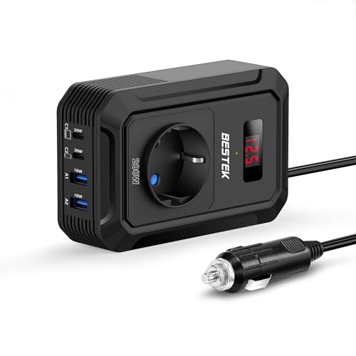 BESTEK 200W Spannungswandler 12 V auf 240 V 230 V AC Auto-Wechselrichter,3-pin Steckdosen,2PD 30W und 2 QC18W Anschlüsse Anschlüssen Zigarettenanzünderstecker,von Laptops, iPhones,und mehr,Schwarz