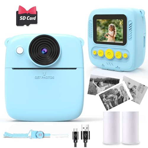 NUOTUN Sofortbildkamera Kinder, Kinder Kamera mit Fotos drucken, 2,0 Zoll HD Bildschirm, 8X Zoom, 1080P Digitalkamera mit Druckpapier & Karte, Kinderkamera Geschenk mädchen & Junge 3-12 Jahre (Blau)