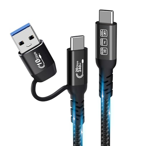 USB-C-Kabel, USbC 3.2 Gen 2 x 2, 20 Gbit/s, multifunktionales 2-in-1-USB-A auf Typ C, 8K @ 60 Hz, UHD-Video, 5 A/240 W, PD3.1, Schnellladekabel, kompatibel mit Thunderbolt 3/4 MacBook Pro Samsung (USB