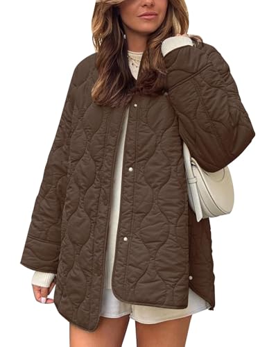 Flygo Damen Oversized Steppjacke Leichte Jacke Knopfleiste Puffer Gepolsterte Oberbekleidung mit Tasche, Kaffee, XL